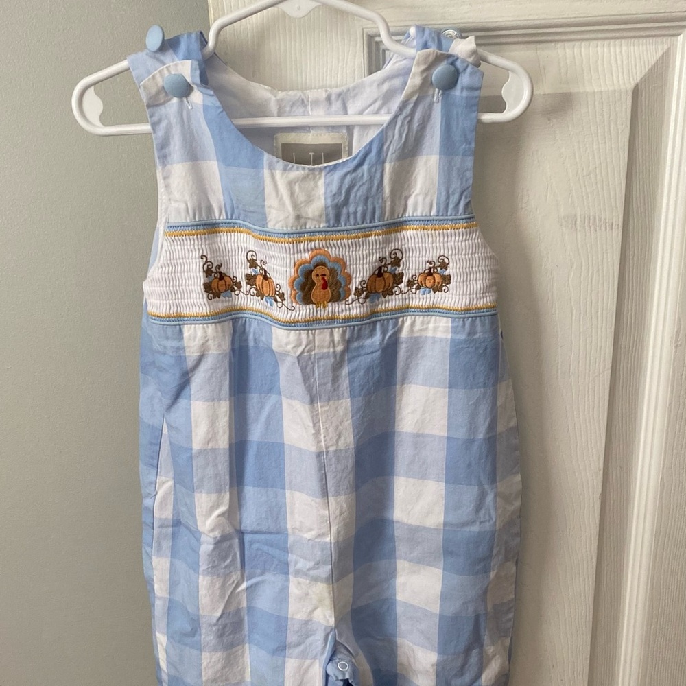 Light Blue & White Turkey Smocked Long Jon Jon’s
